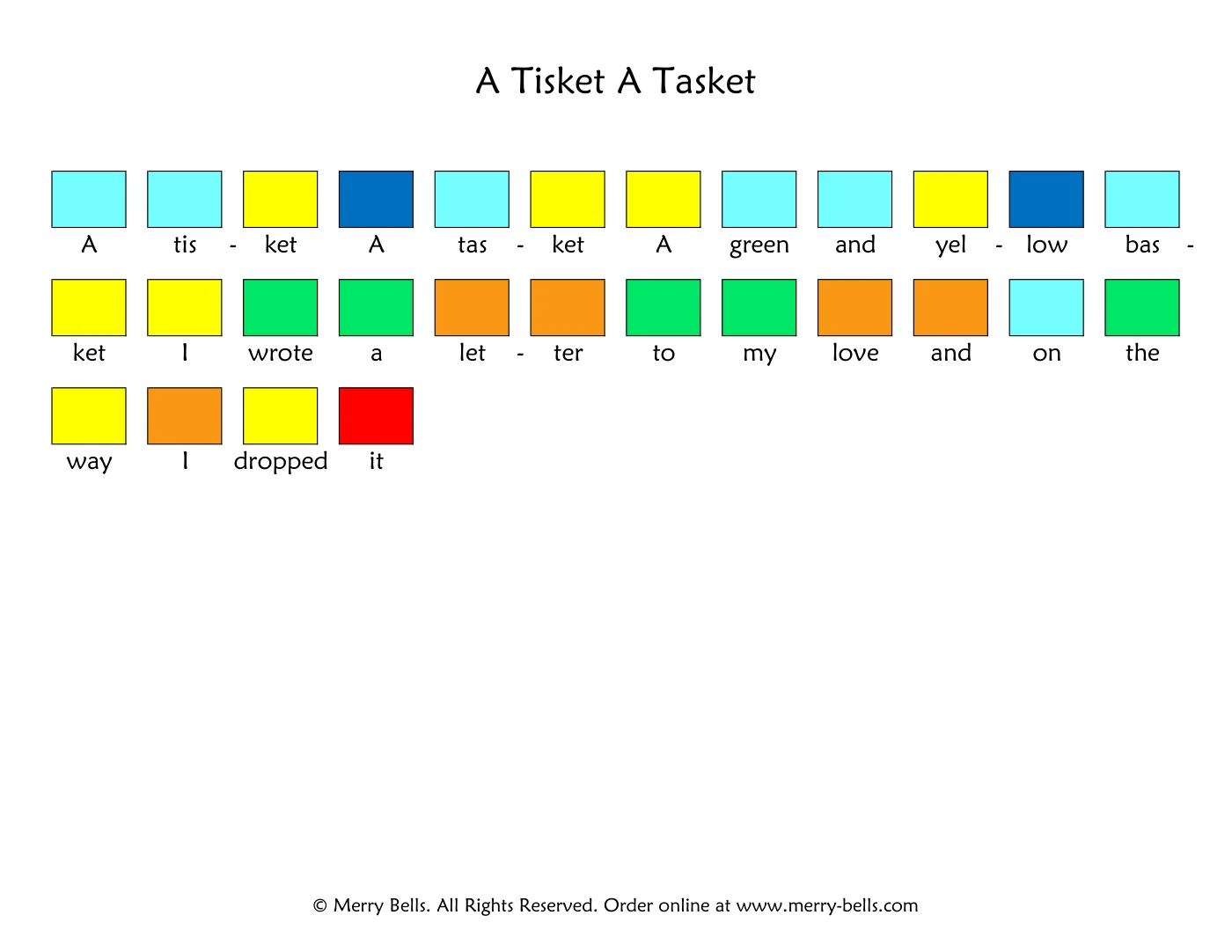 A page from the printed charts. Every syllable of the lyric sits under a colored square showing which bell to ring on it.