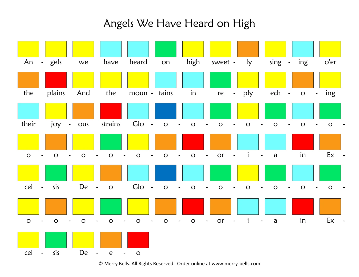 A page from the printed charts. Every syllable of the lyric sits under a colored square showing which bell to ring on it.