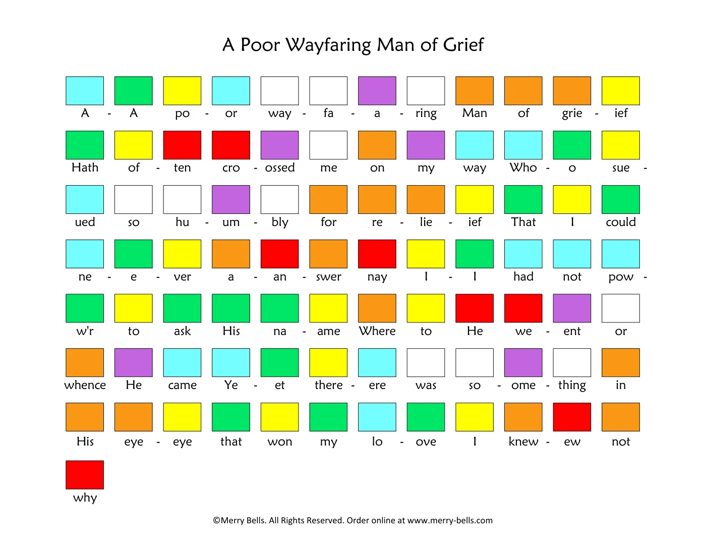 A page from the printed charts. Every syllable of the lyric sits under a colored square showing which bell to ring on it.