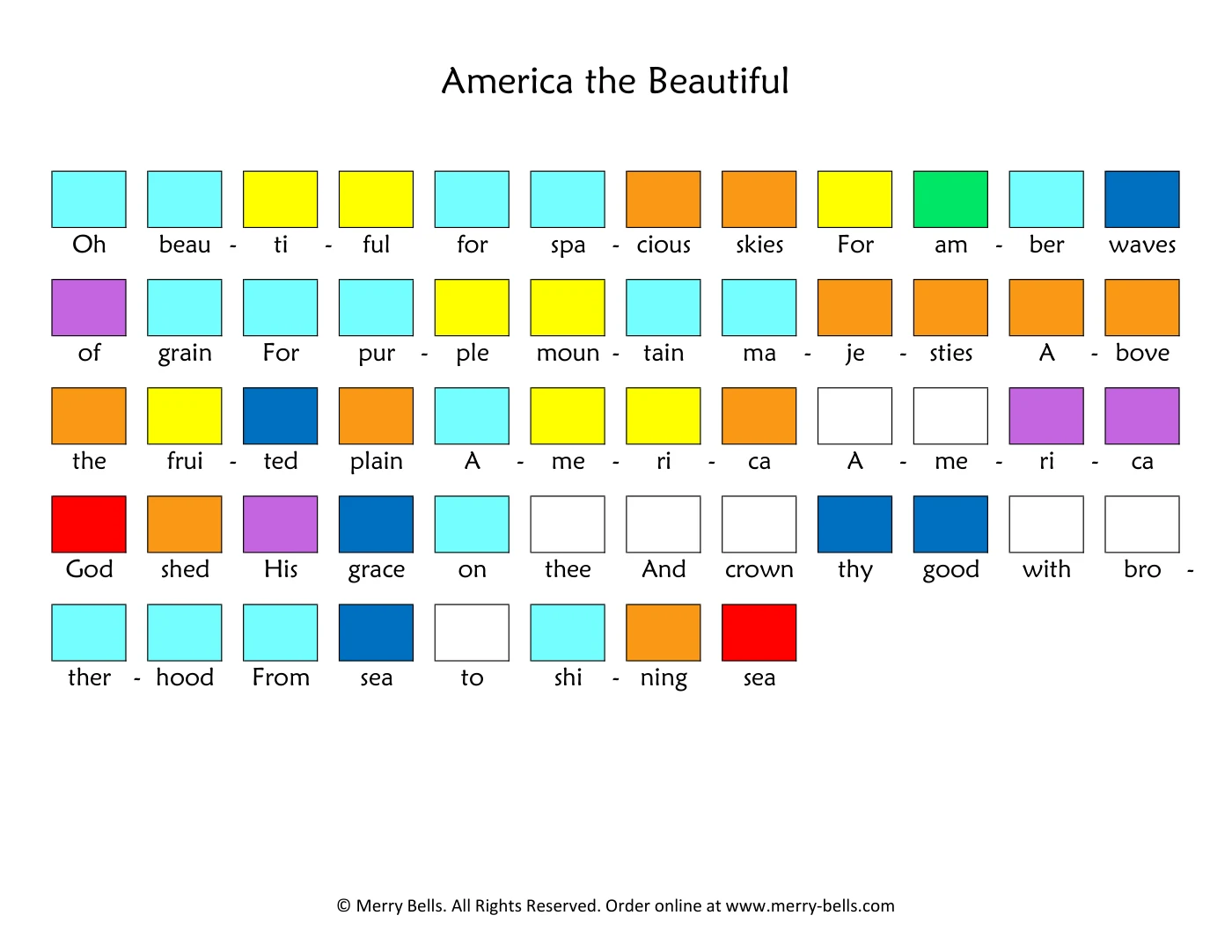 A page from the printed charts. Every syllable of the lyric sits under a colored square showing which bell to ring on it.