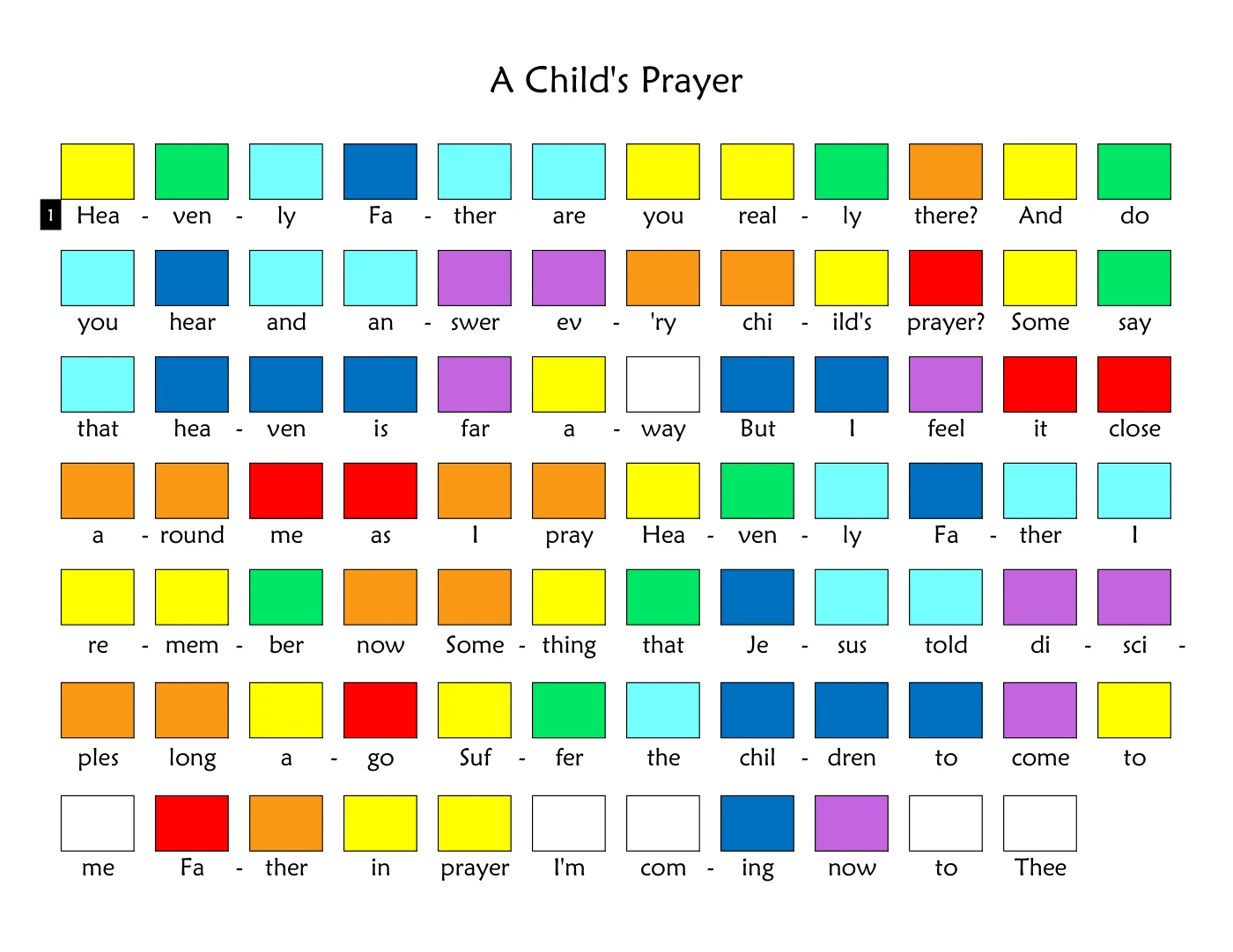 A page from the printed charts. Every syllable of the lyric sits under a colored square showing which bell to ring on it.