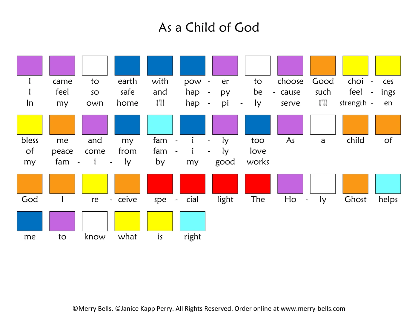 A page from the printed charts. Every syllable of the lyric sits under a colored square showing which bell to ring on it.