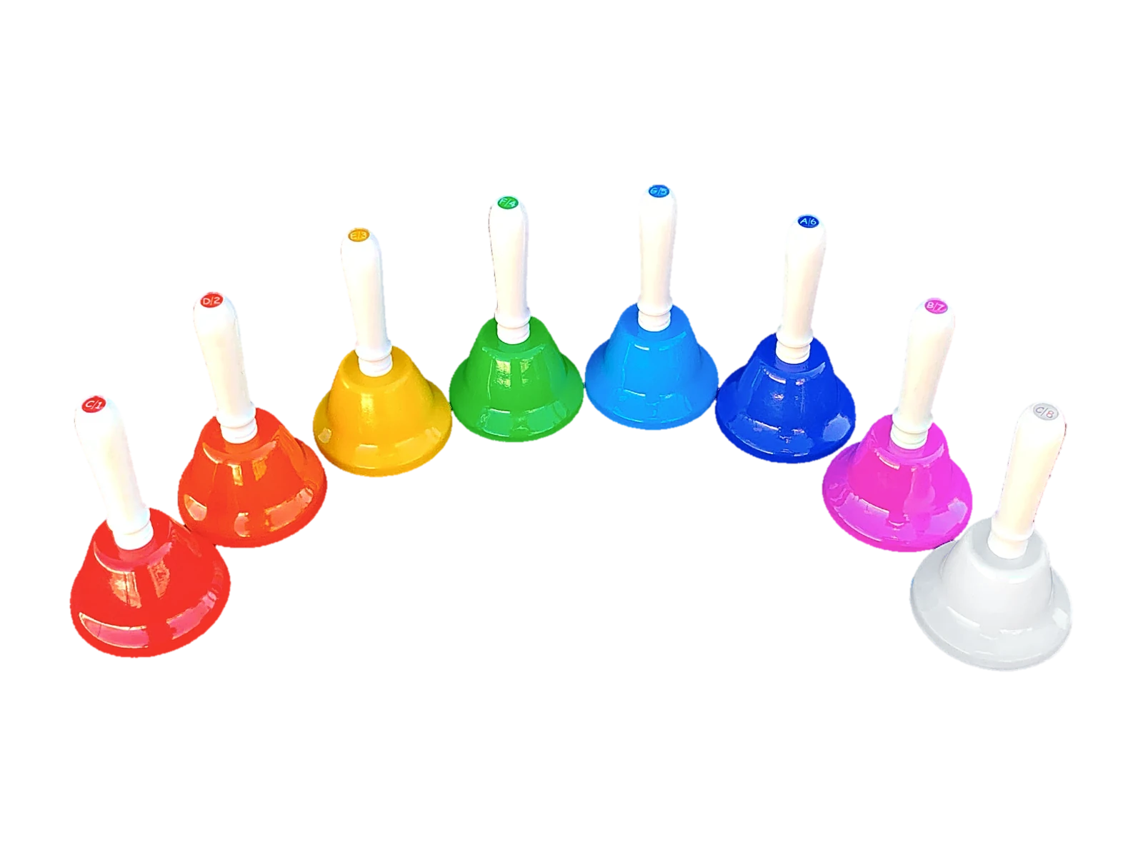 All eight handbells laid out in a semi-circle, red through white, each with its note marked on the handle.