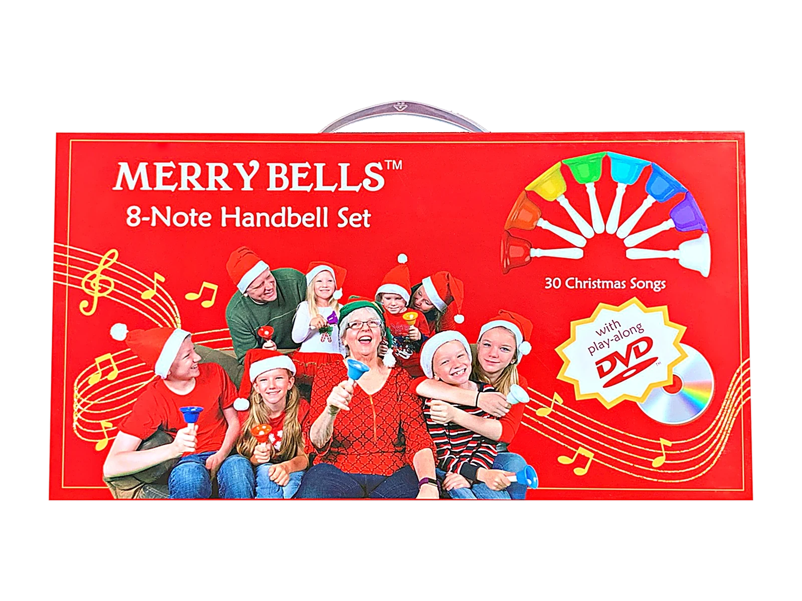 The Merry Bells box, front. A family in Santa hats ringing the colored bells, with the eight-bell fan and the free DVD flash.